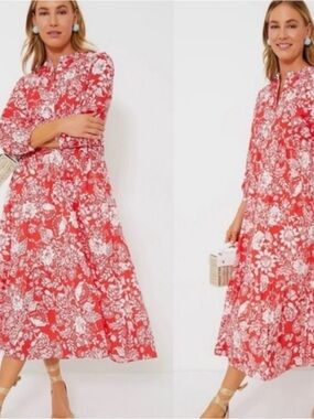 Women's Red & White Floral Maxi Dress with Tiered Skirt